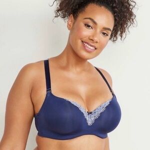 Cacique Navy Blue Smooth Lace Lightly Lined Balconette T-back Bra Size 38DDD